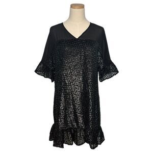Anthropologie Amadi Lucinda Black Green Textured Metallic Dot Ruffle Mini Dress